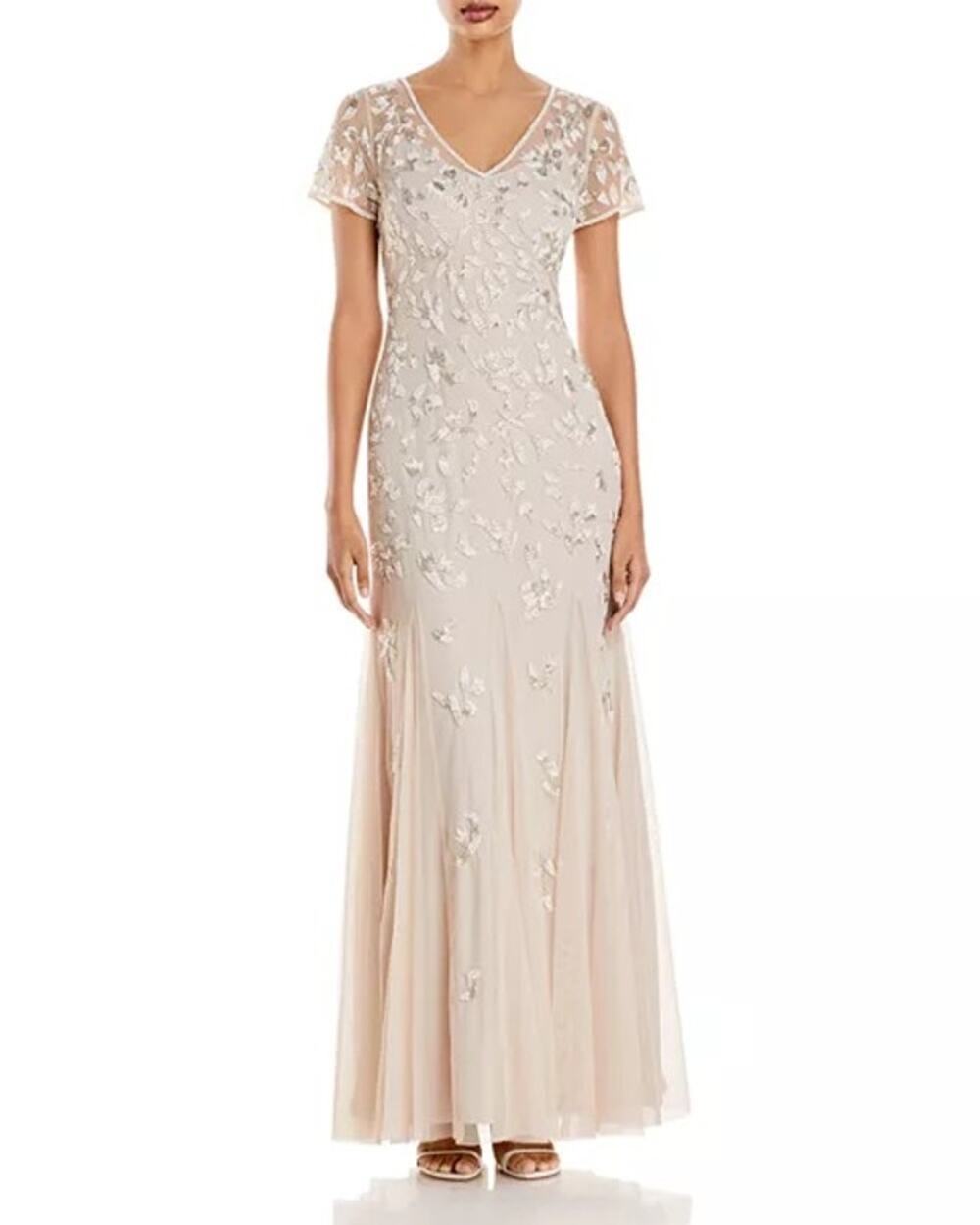 New Adrianna Papell Sz 10 Biscotti Beaded Godet Short Sleeve V-Neck Evening Gown